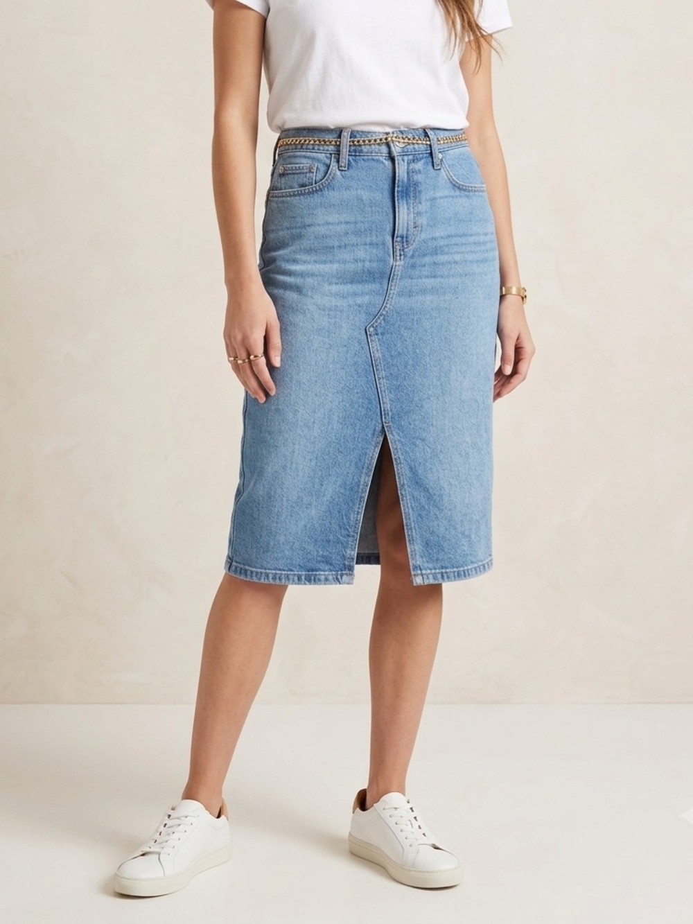 Lucky Brand Light Blue Denim Midi Skirt with Front Slit